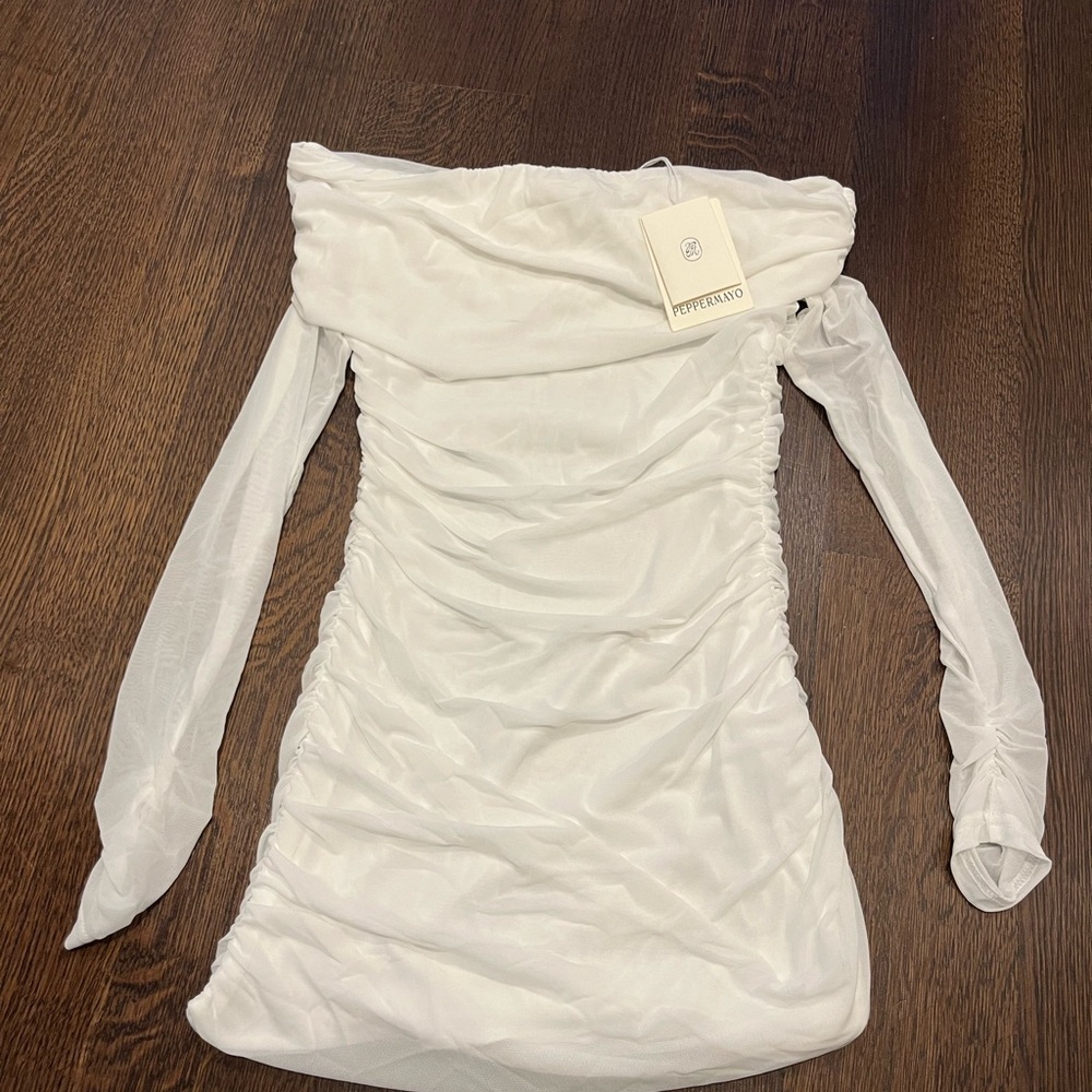 Peppermayo White Ruched Off-Shoulder Bodycon Dress